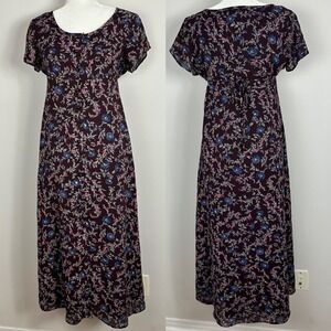 Vintage Braemar Dark Floral Romantic Maxi Dress Burungy Maroon Babydoll Tie Sz 8